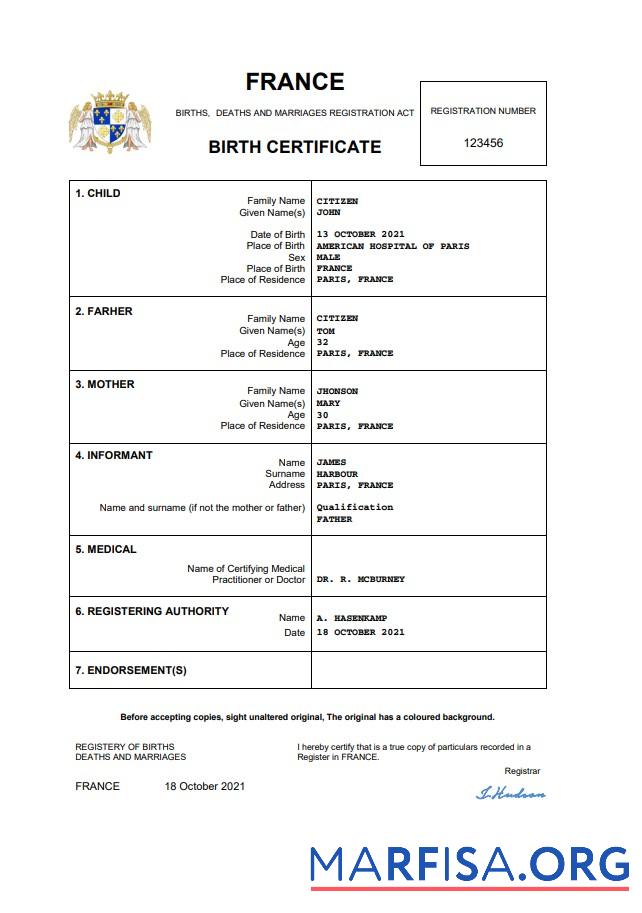 Downloadable France birth certificate Word and PDF template
